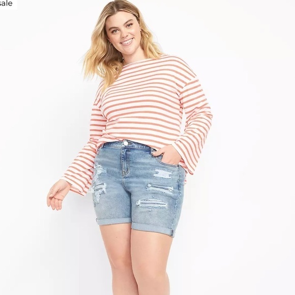 Lane Bryant Signature Fit Boyfriend Midi Denim Short - Destructed Medium Wash 24 - Picture 1 of 9